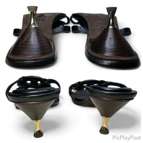 TORY BURCH Miller Bombé Embossed Logo Gold Kitten Heeled Sandal, Black, Size 6 - Picture 15 of 16